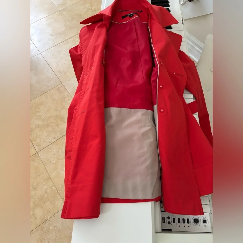 DKNY Red Funnel Neck Belted Trench Coat Pea Coat - Picture 14 of 16